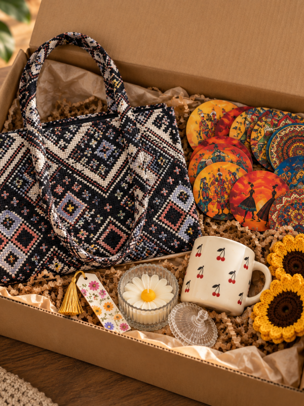 Personalized gift hamper for women with tote bag, wall decor, candle, coasters and coffee mug
